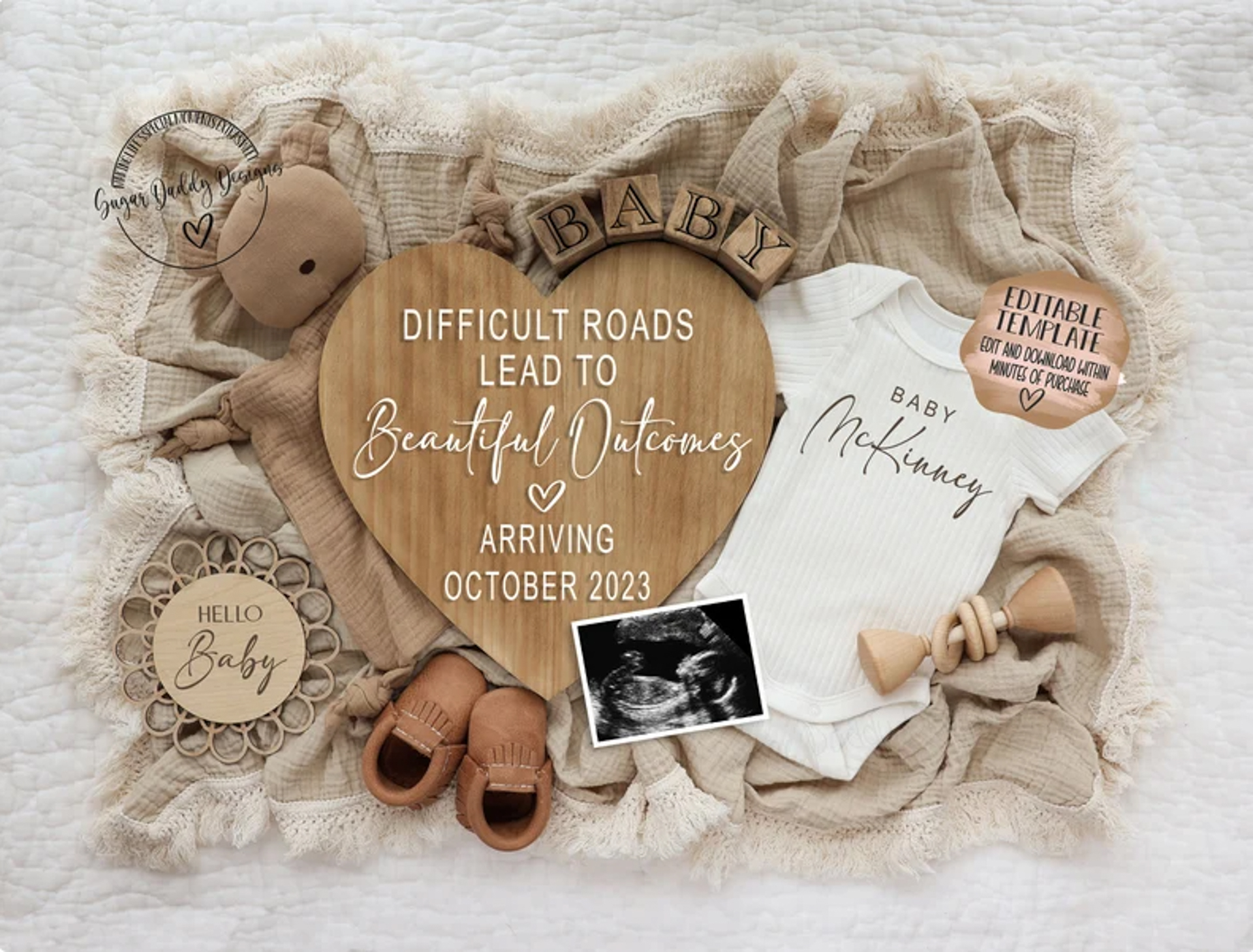 This template can be used as an IVF pregnancy announcement or a Rainbow Baby Announcement. Find more ideas in this blog post!